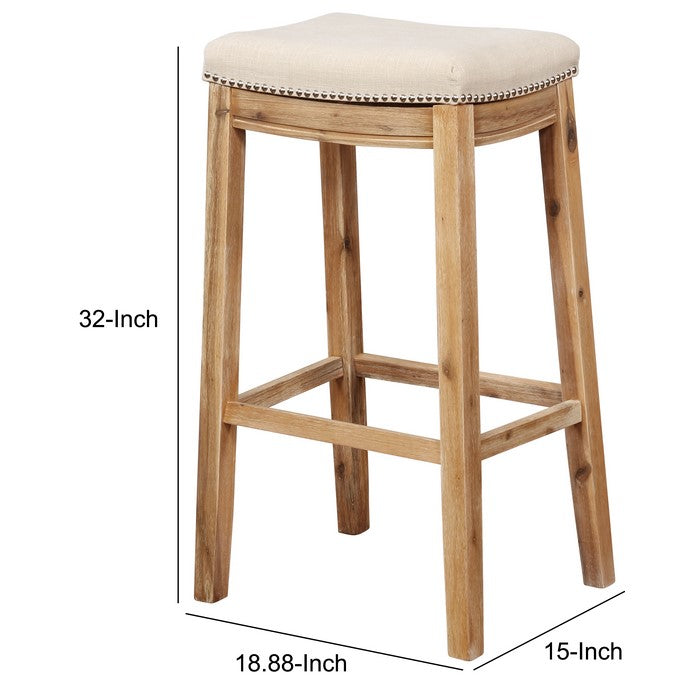 Saddle Top Wooden Bar Stool with Nailhead Accents, Brown and Beige