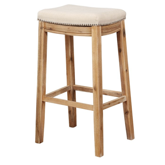 Saddle Top Wooden Bar Stool with Nailhead Accents, Brown and Beige