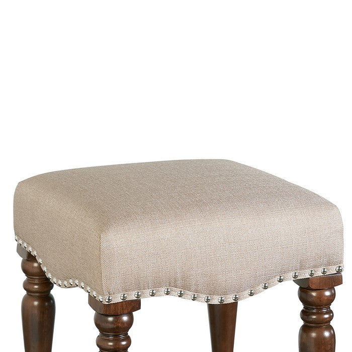 Traditional Style Wooden Bar Stool with Turned Legs, Brown and Beige