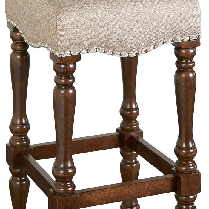 Traditional Style Wooden Bar Stool with Turned Legs, Brown and Beige