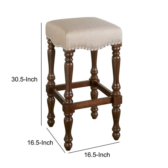 Traditional Style Wooden Bar Stool with Turned Legs, Brown and Beige