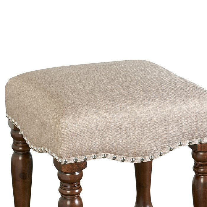 Traditional Style Wooden Counter Stool with Turned Legs,Brown and Beige