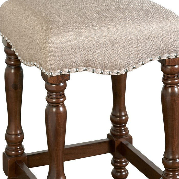 Traditional Style Wooden Counter Stool with Turned Legs,Brown and Beige
