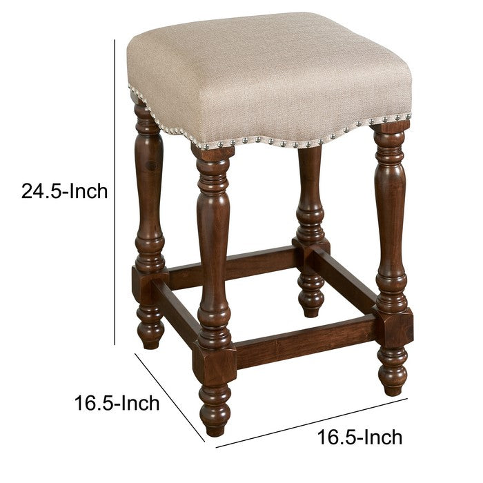Traditional Style Wooden Counter Stool with Turned Legs,Brown and Beige