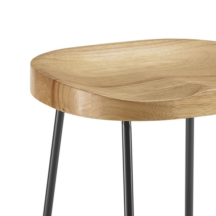 Metal and Wood Counter Stool with Saddle Seat, Black and Brown