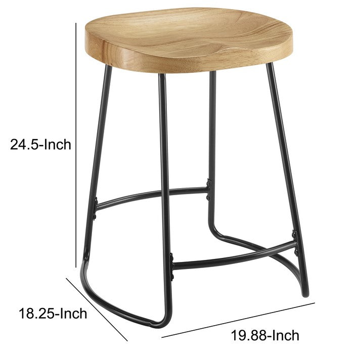 Metal and Wood Counter Stool with Saddle Seat, Black and Brown