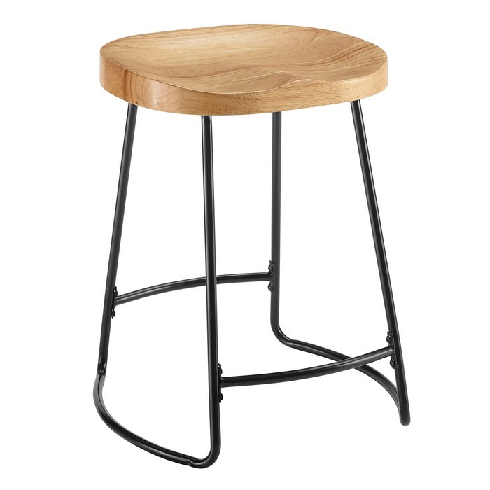Metal and Wood Counter Stool with Saddle Seat, Black and Brown