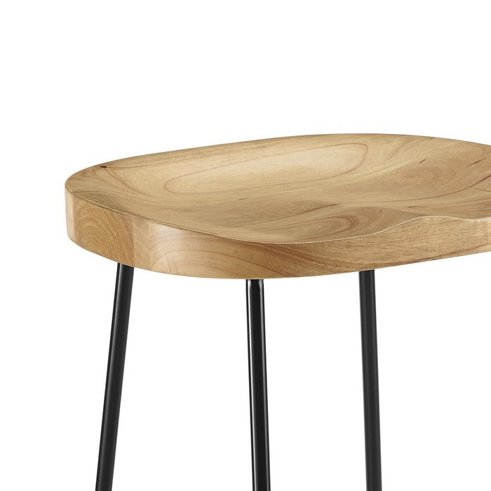 Metal and Wood Bar Stool with Saddle Seat, Black and Brown