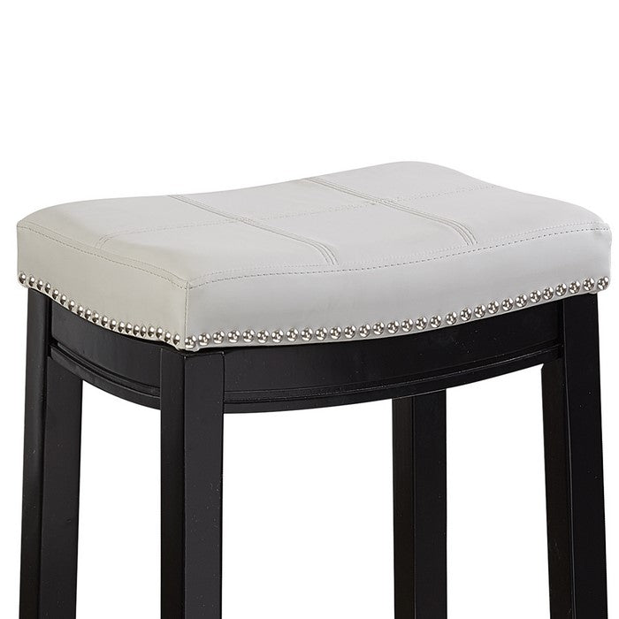 Saddle Top Wooden Bar Stool with Nailhead Accents, Black and White