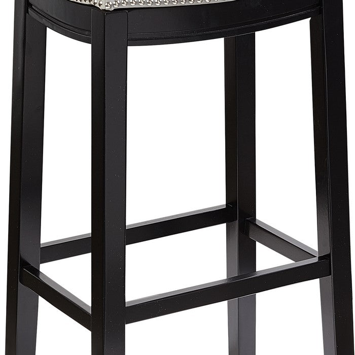 Saddle Top Wooden Bar Stool with Nailhead Accents, Black and White