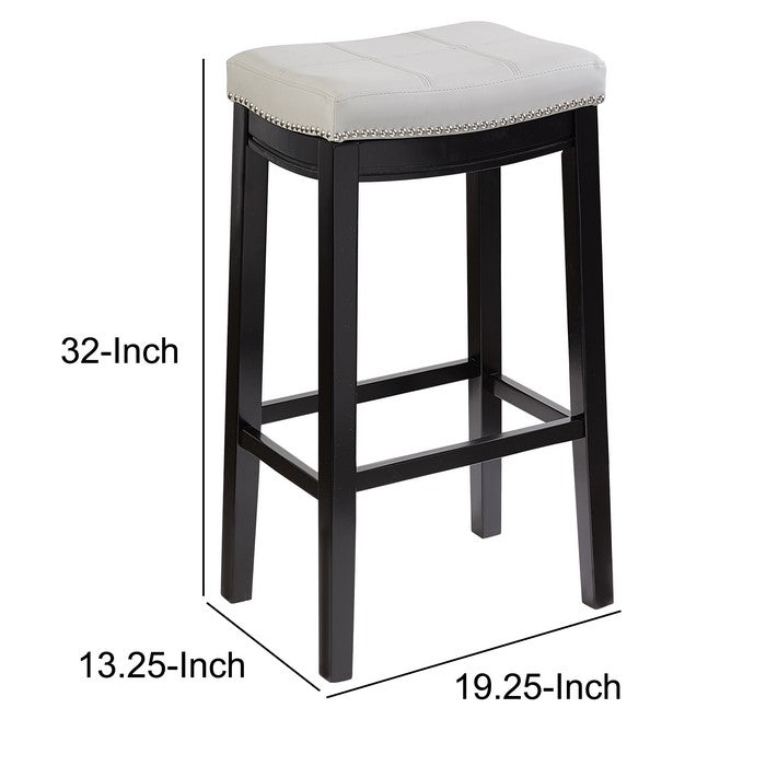 Saddle Top Wooden Bar Stool with Nailhead Accents, Black and White