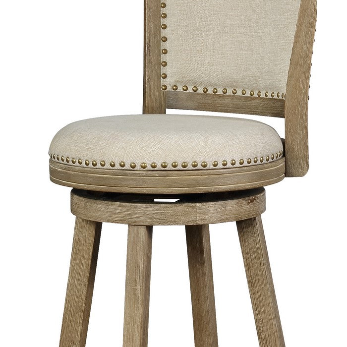 Wooden Bar Stool with Curved Backrest and Swivel Base, Brown and Beige