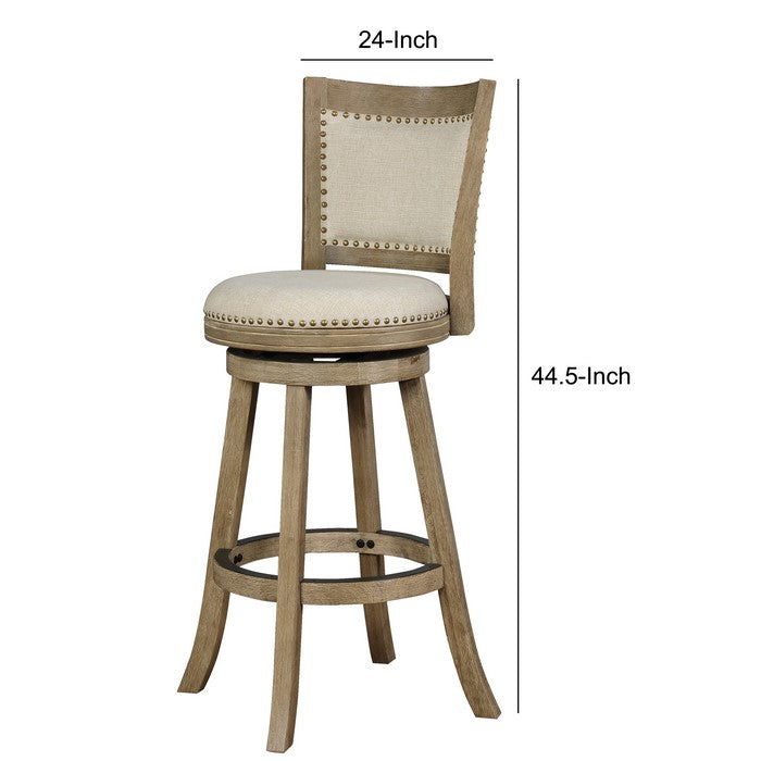 Wooden Bar Stool with Curved Backrest and Swivel Base, Brown and Beige