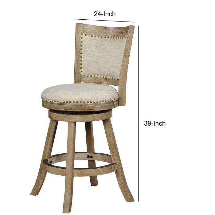 Contoured Back Wooden Bar Stool with Swivel Base, Brown and Beige