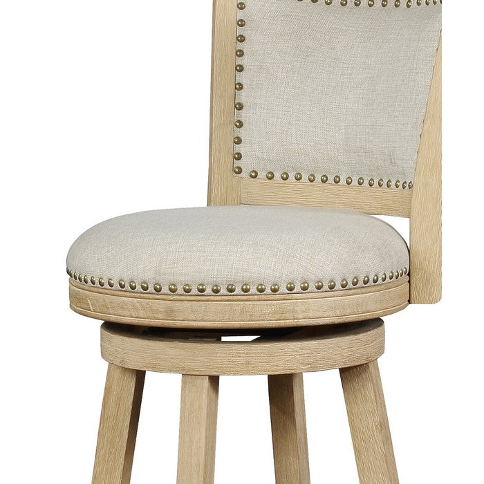 Wooden Bar Stool with Cushioned Seat and Swivel Base, Brown and Beige