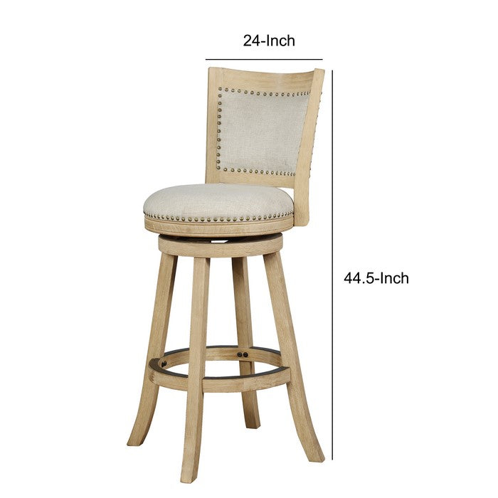 Wooden Bar Stool with Cushioned Seat and Swivel Base, Brown and Beige