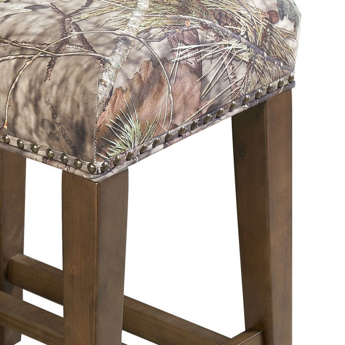 Camouflage Print Wooden Counter Stool with Nailhead Trim Accent, Brown