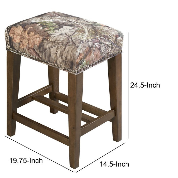 Camouflage Print Wooden Counter Stool with Nailhead Trim Accent, Brown
