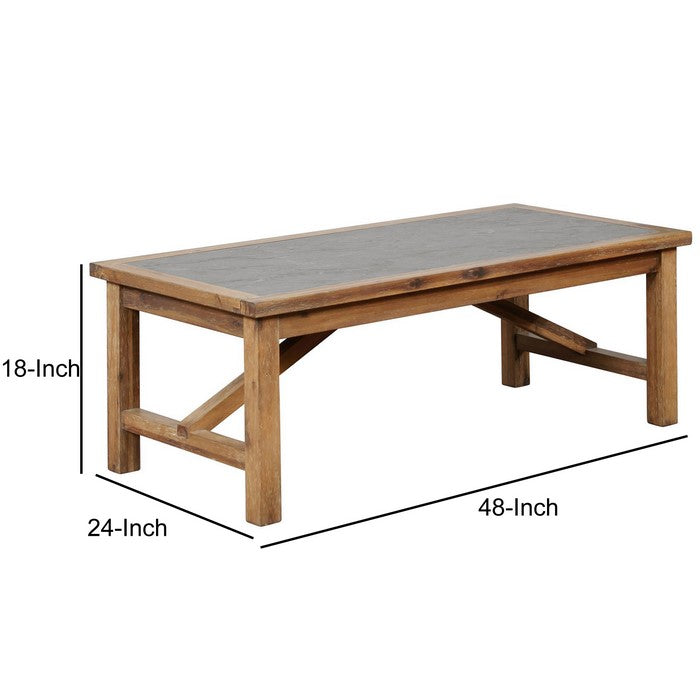 Rectangular Wood and Metal Coffee Table with Block Legs,Brown and Gray