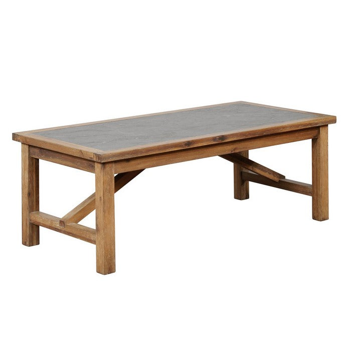 Rectangular Wood and Metal Coffee Table with Block Legs,Brown and Gray