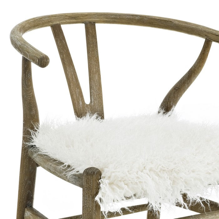 Faux Fur and Wooden Accent Chair with Curved Backrest, White and Brown