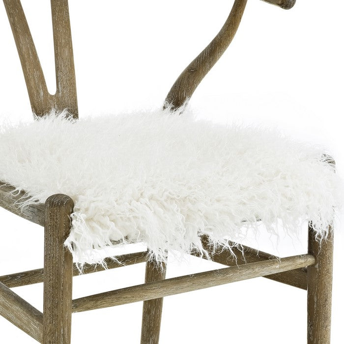 Faux Fur and Wooden Accent Chair with Curved Backrest, White and Brown