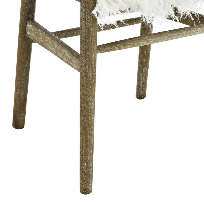 Faux Fur and Wooden Accent Chair with Curved Backrest, White and Brown