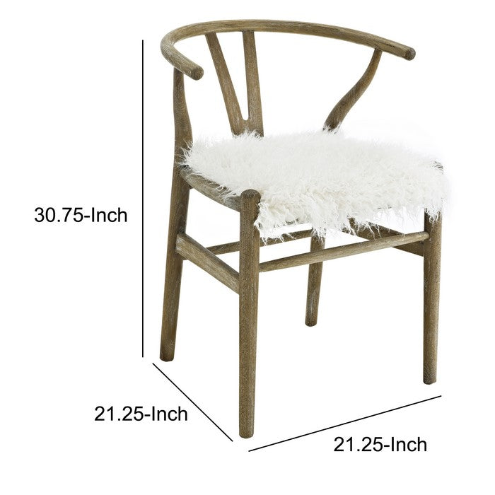 Faux Fur and Wooden Accent Chair with Curved Backrest, White and Brown