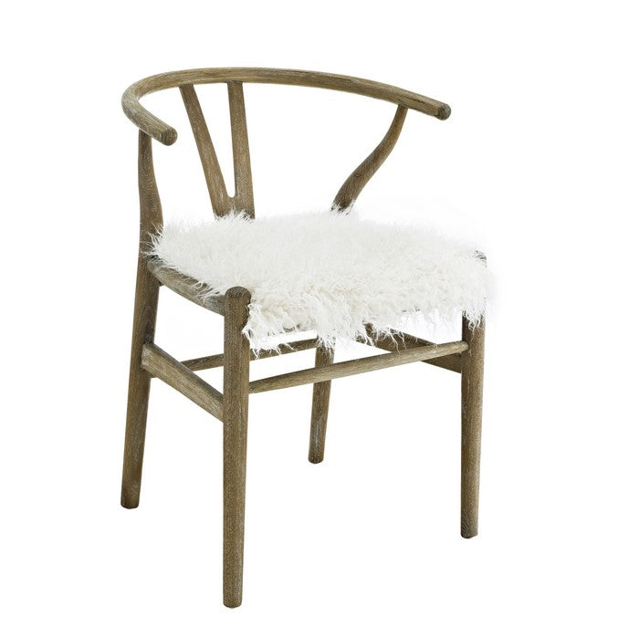 Faux Fur and Wooden Accent Chair with Curved Backrest, White and Brown