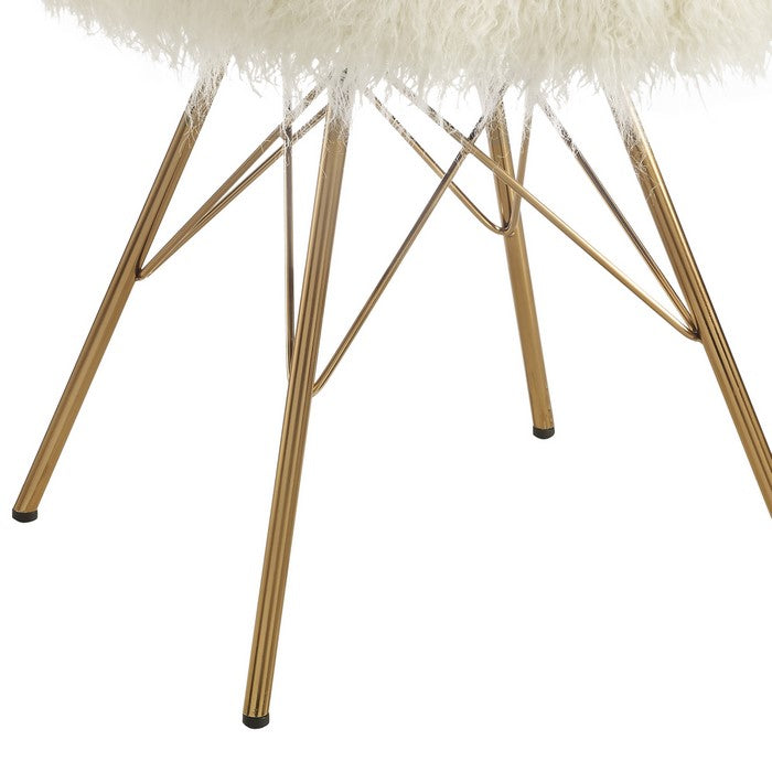 Faux Fur Upholstered Accent Chair with Angled Legs, White and Gold