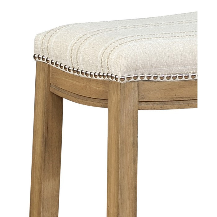 Wooden Counter Stool with Striped Fabric Upholstery, Brown and Beige