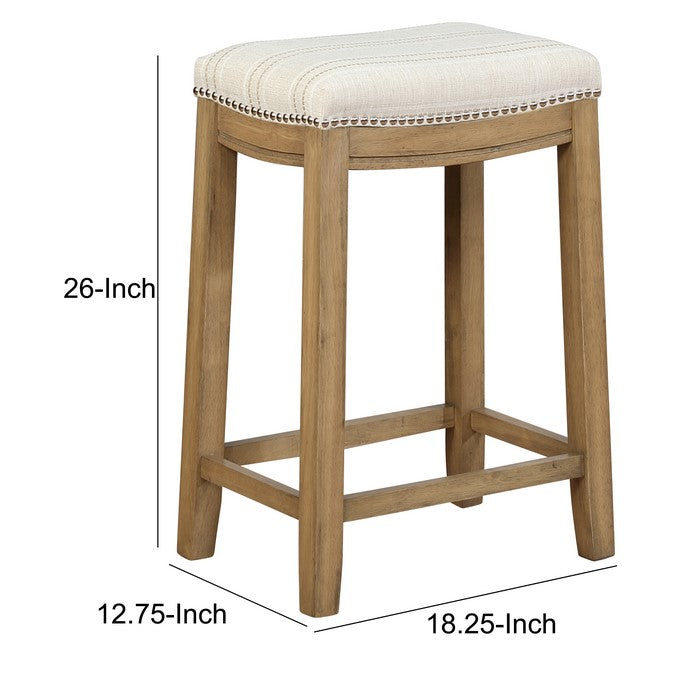 Wooden Counter Stool with Striped Fabric Upholstery, Brown and Beige