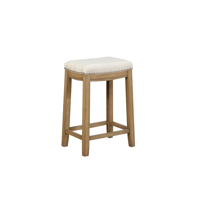 Wooden Counter Stool with Striped Fabric Upholstery, Brown and Beige