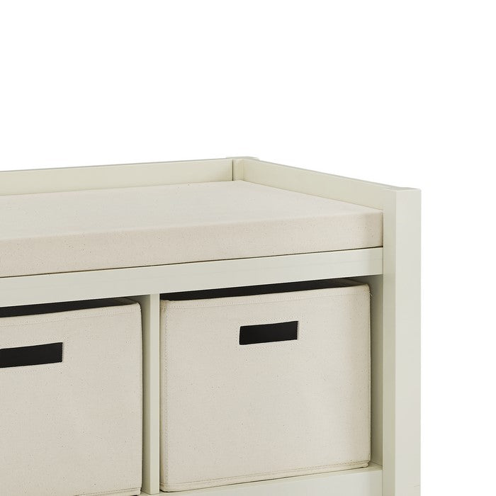 Wooden Entryway Bench with Cushioned Seat and 3 Storage Baskets, Cream
