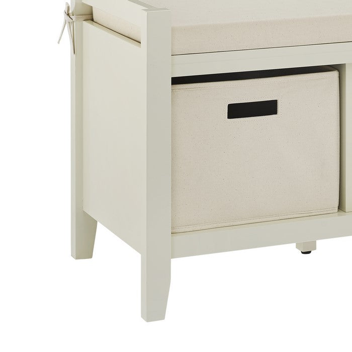 Wooden Entryway Bench with Cushioned Seat and 3 Storage Baskets, Cream