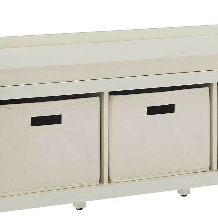 Wooden Entryway Bench with Cushioned Seat and 3 Storage Baskets, Cream