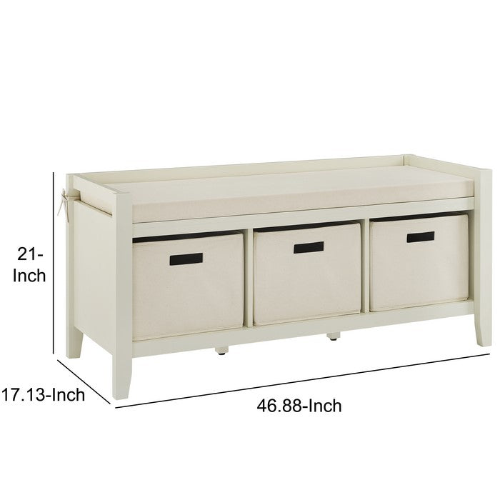 Wooden Entryway Bench with Cushioned Seat and 3 Storage Baskets, Cream