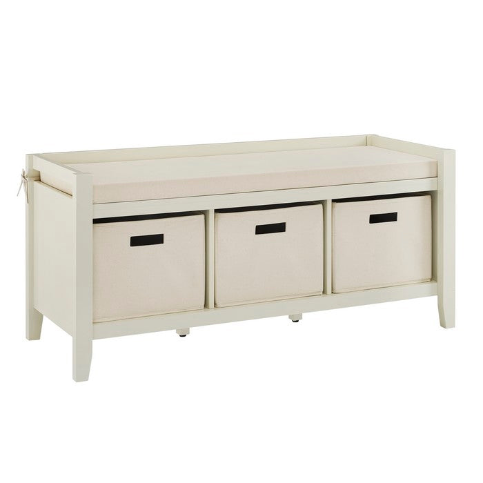 Wooden Entryway Bench with Cushioned Seat and 3 Storage Baskets, Cream