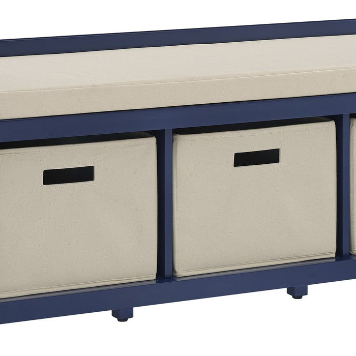 Wooden Entryway Bench with 3 Storage Baskets,Blue and Cream