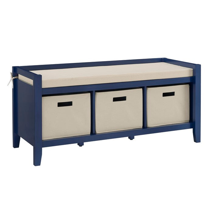 Wooden Entryway Bench with 3 Storage Baskets,Blue and Cream