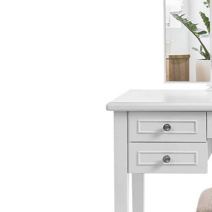 Wooden Vanity Set with 5 Drawers and Tri Fold Mirror, White and Beige