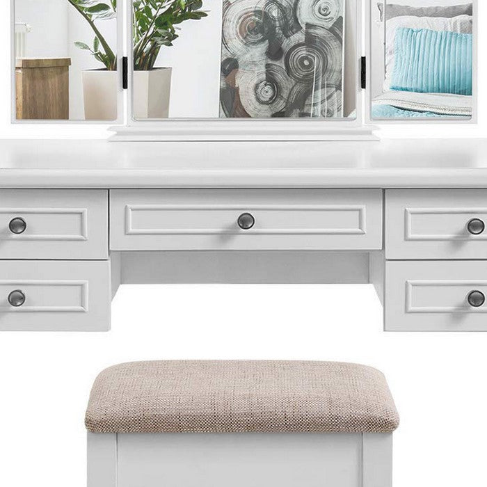 Wooden Vanity Set with 5 Drawers and Tri Fold Mirror, White and Beige
