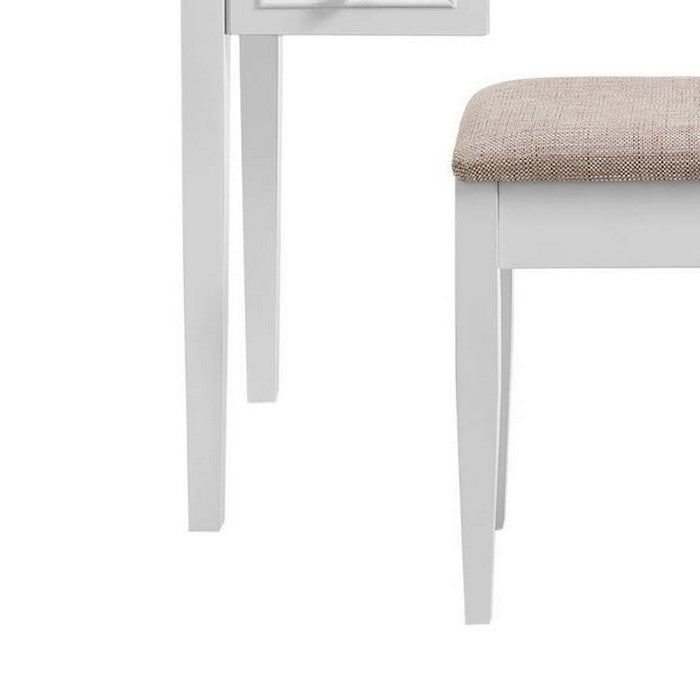 Wooden Vanity Set with 5 Drawers and Tri Fold Mirror, White and Beige