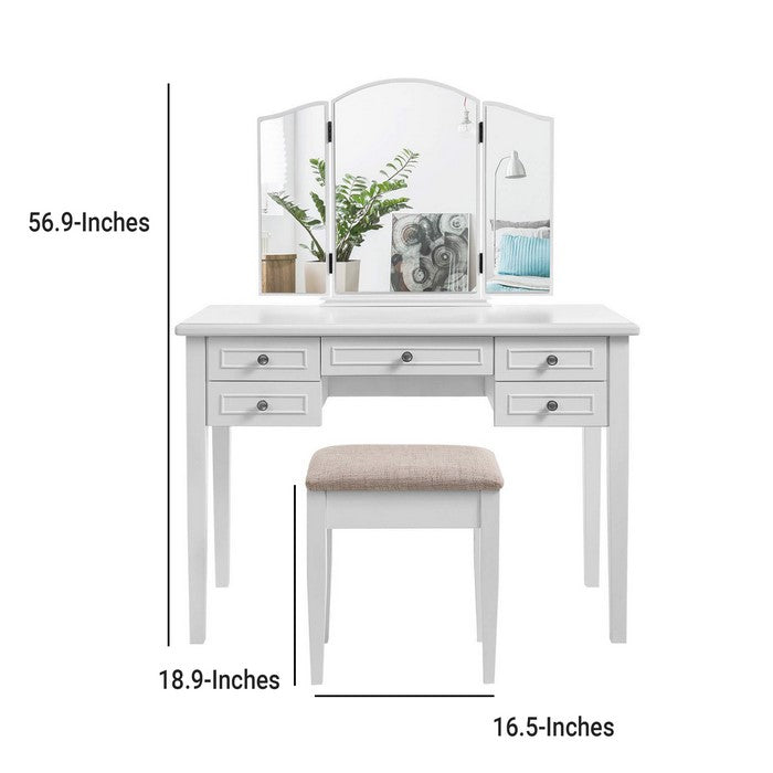 Wooden Vanity Set with 5 Drawers and Tri Fold Mirror, White and Beige