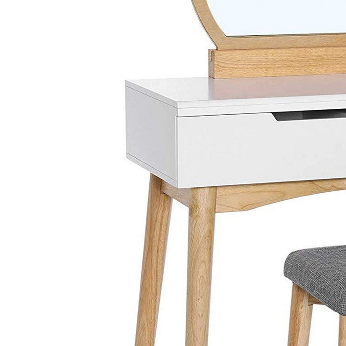 Wooden Vanity Set with 2 Drawers and Round Mirror, White and Brown