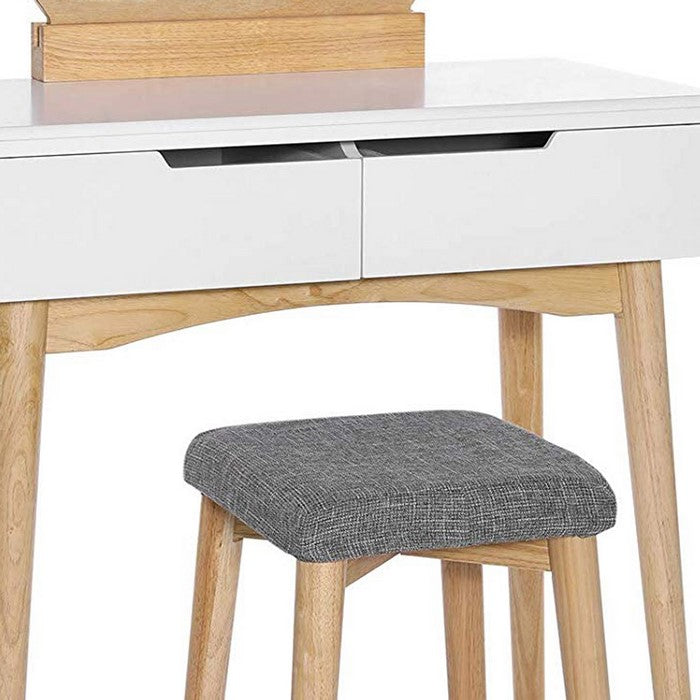 Wooden Vanity Set with 2 Drawers and Round Mirror, White and Brown