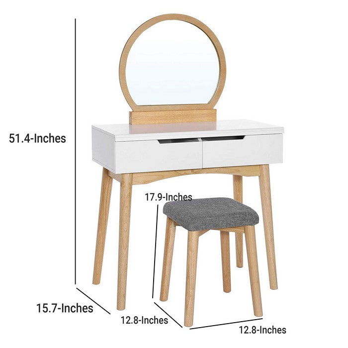 Wooden Vanity Set with 2 Drawers and Round Mirror, White and Brown