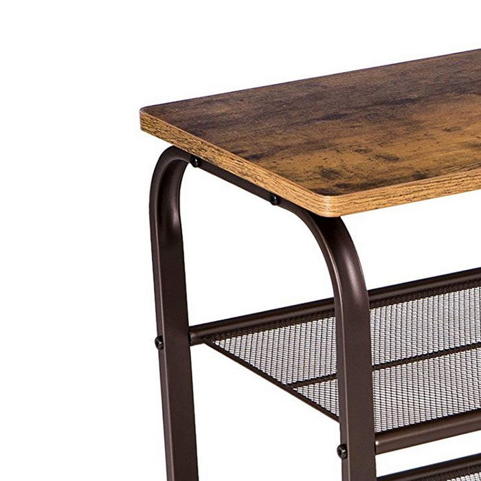 Industrial 3 Tier Wood Top Shoe Rack with Metal Base, Black and Brown
