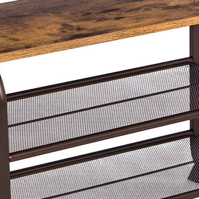 Industrial 3 Tier Wood Top Shoe Rack with Metal Base, Black and Brown