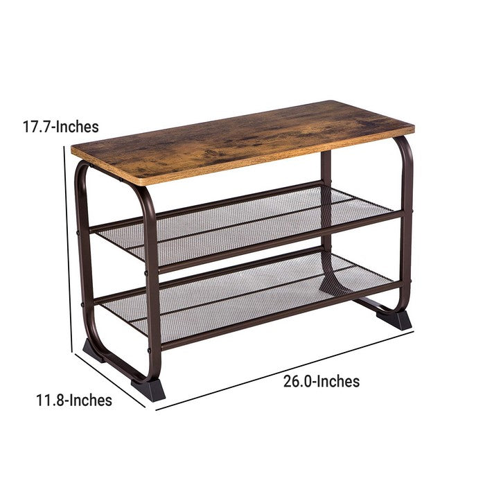 Industrial 3 Tier Wood Top Shoe Rack with Metal Base, Black and Brown